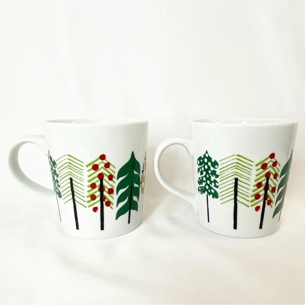 Set of 2 Crate & Barrel “Jingle Mug” Yule Christmas Trees by Julia Rothman NWT